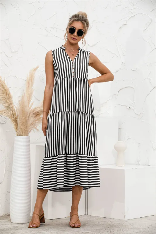 Striped Button Front Long Dress sold by Anna-Kaci