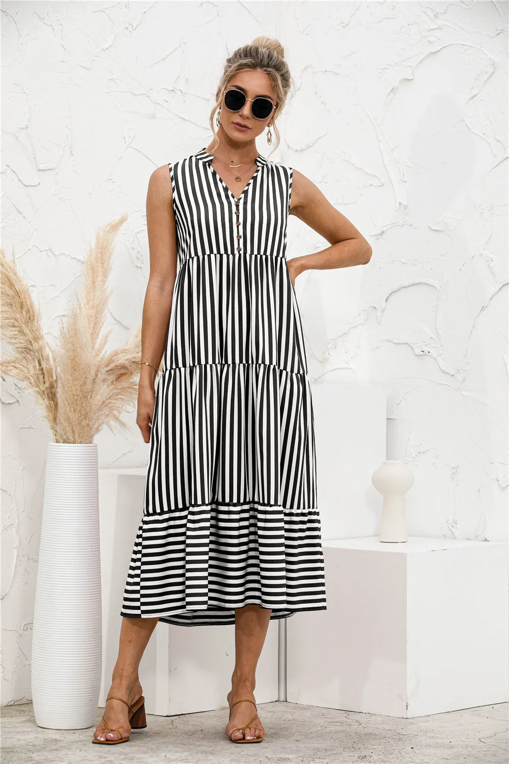 Striped Button Front Long Dress sold by Anna-Kaci