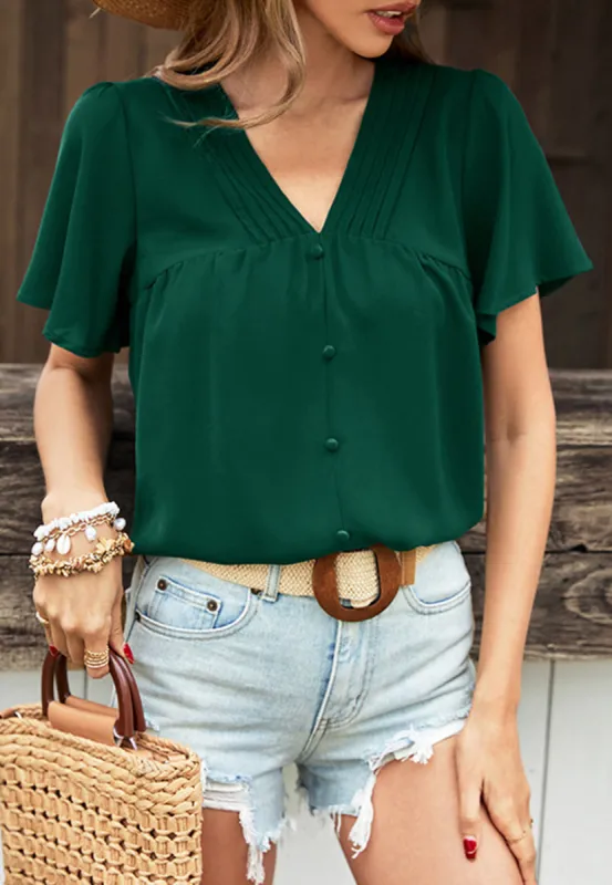 Pleated V Neck Flutter Sleeve Blouse sold by Anna-Kaci