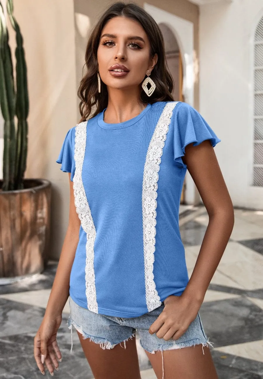 Lace Trim Flutter Sleeve Blouse sold by Anna-Kaci