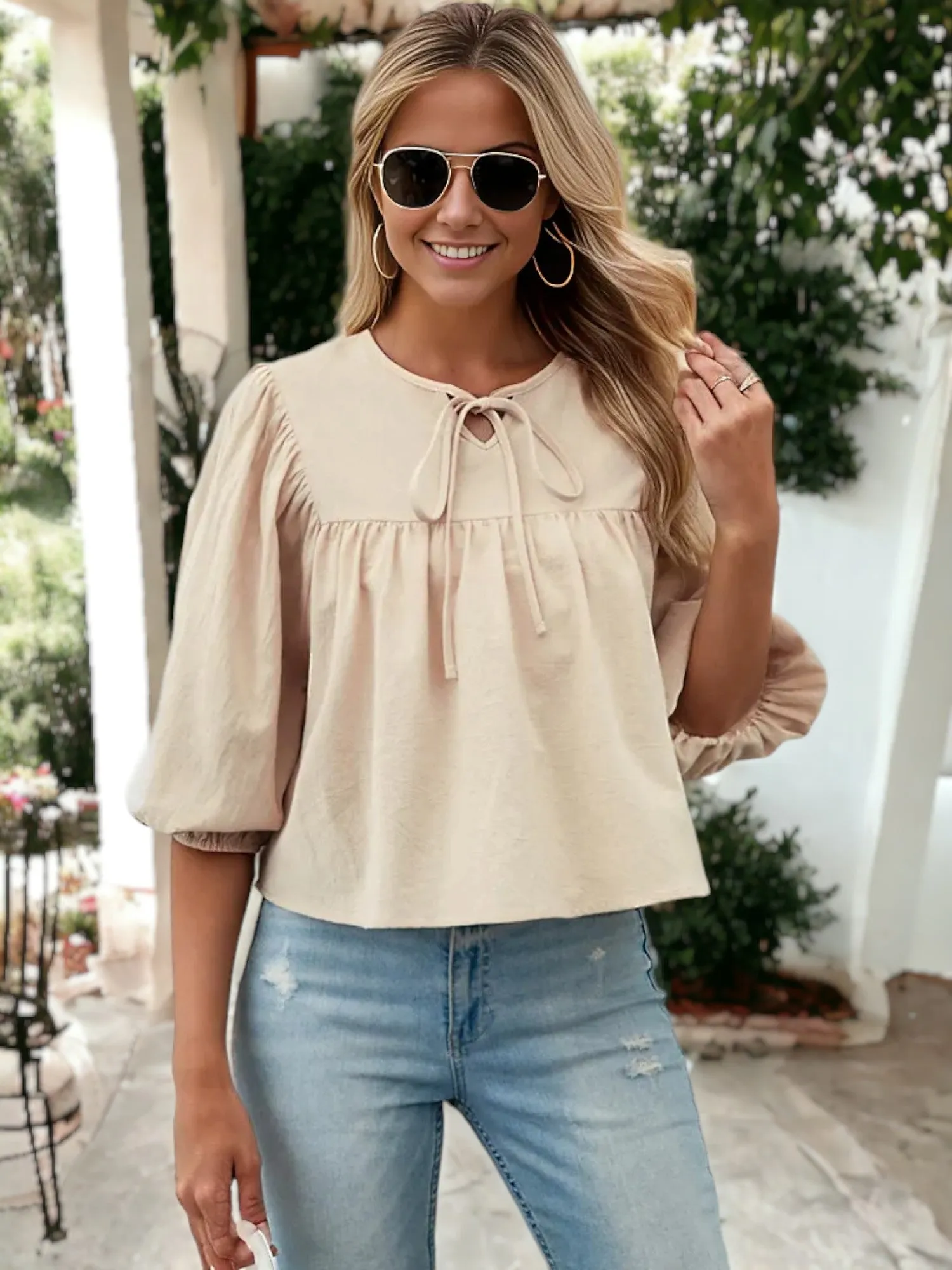 Tie Neck Midi Puff Sleeve Blouse sold by Anna-Kaci