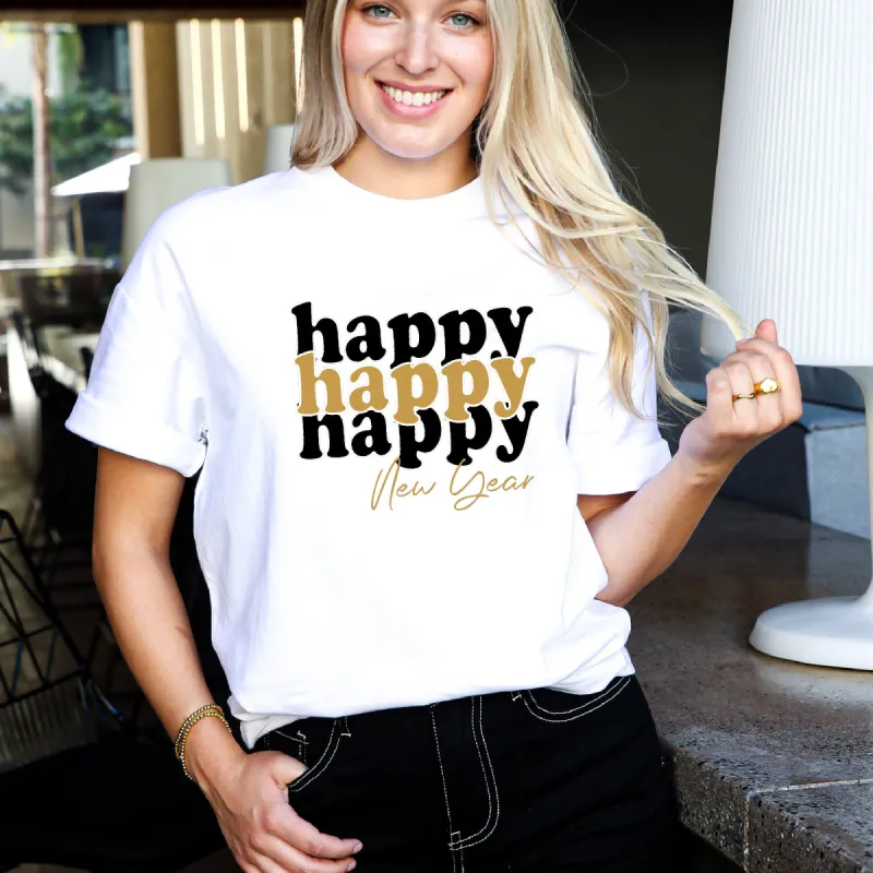 Joyful Beginnings: 'Happy Happy Happy New Year' Tee sold by Anna-Kaci