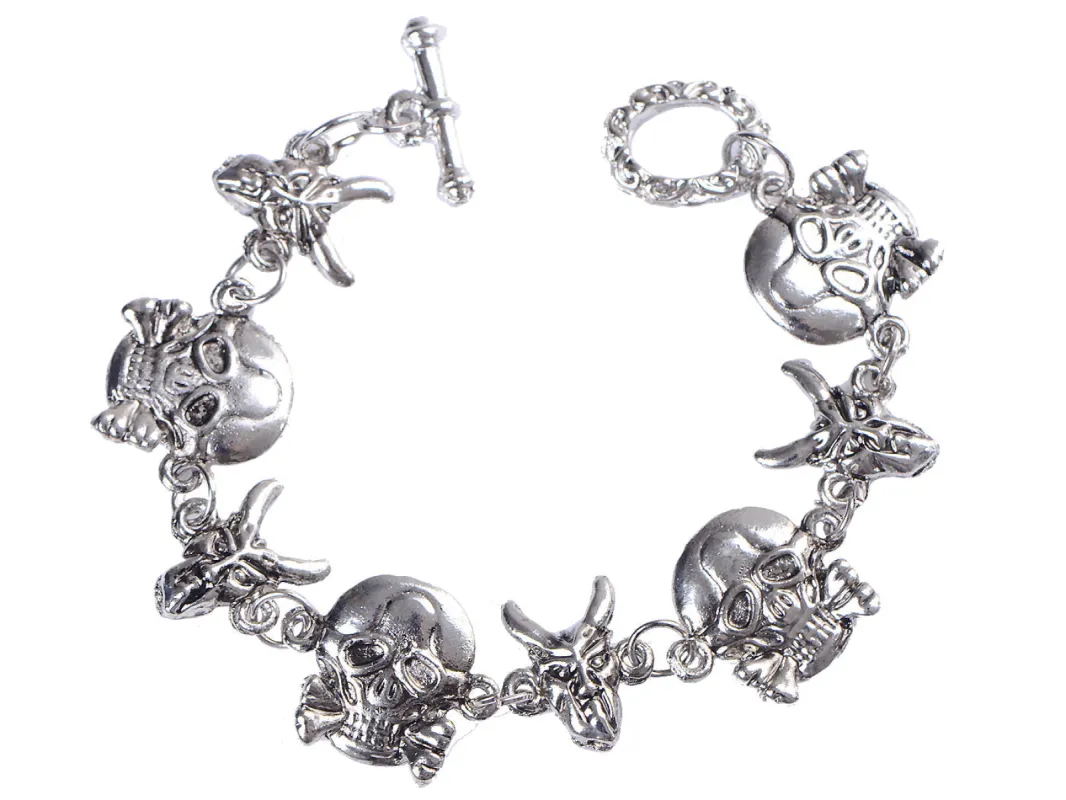 Silver Gothic Punk Skull Ox Head Halloween Bangle Bracelet Cuff sold by Anna-Kaci