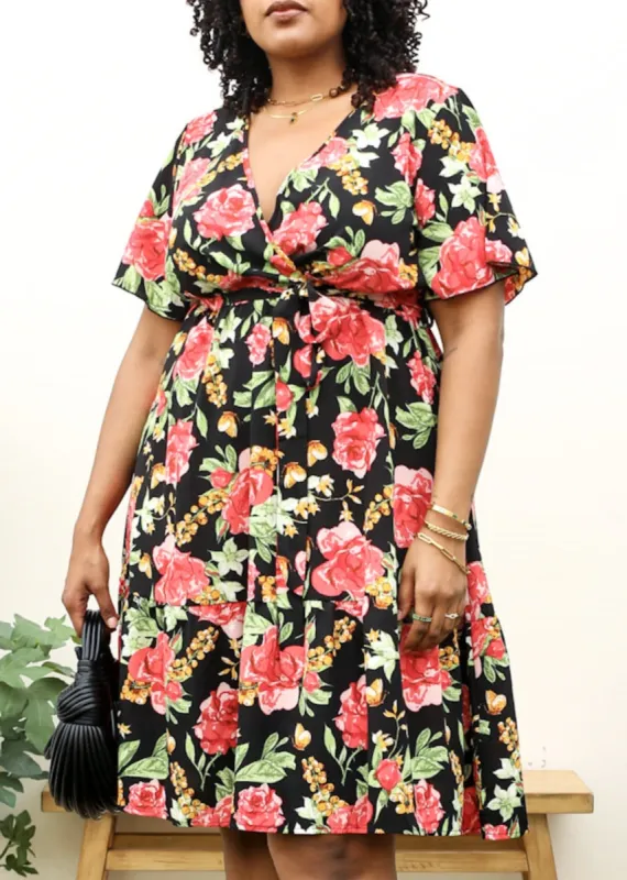Plus Size Tropical Floral Print Midi Dress with Tied Belt Waist sold by Anna-Kaci