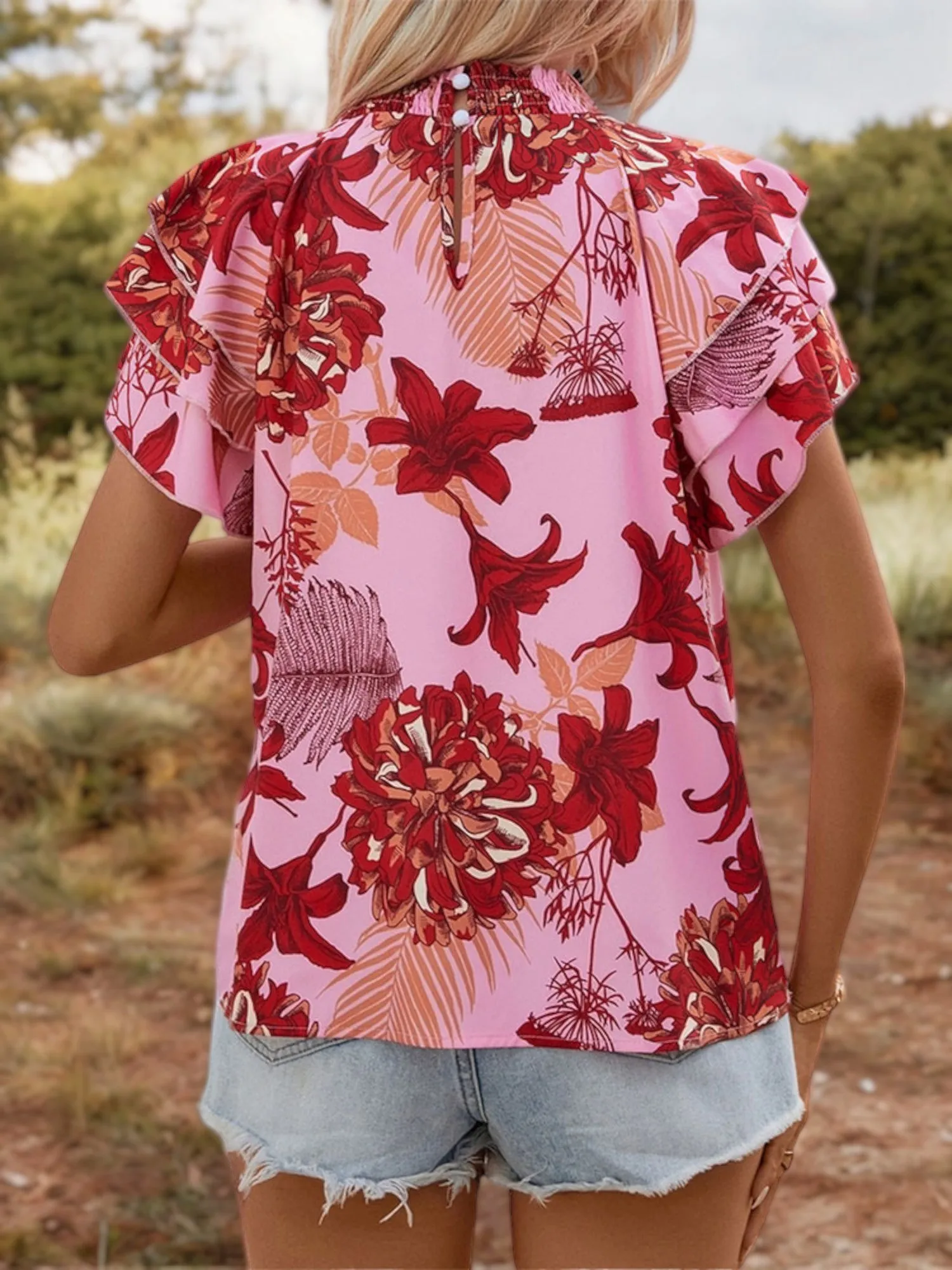 Flutter Sleeve Floral Blouse with Keyhole Neck and Ruffle Detail sold by Anna-Kaci product image thumbnail 5