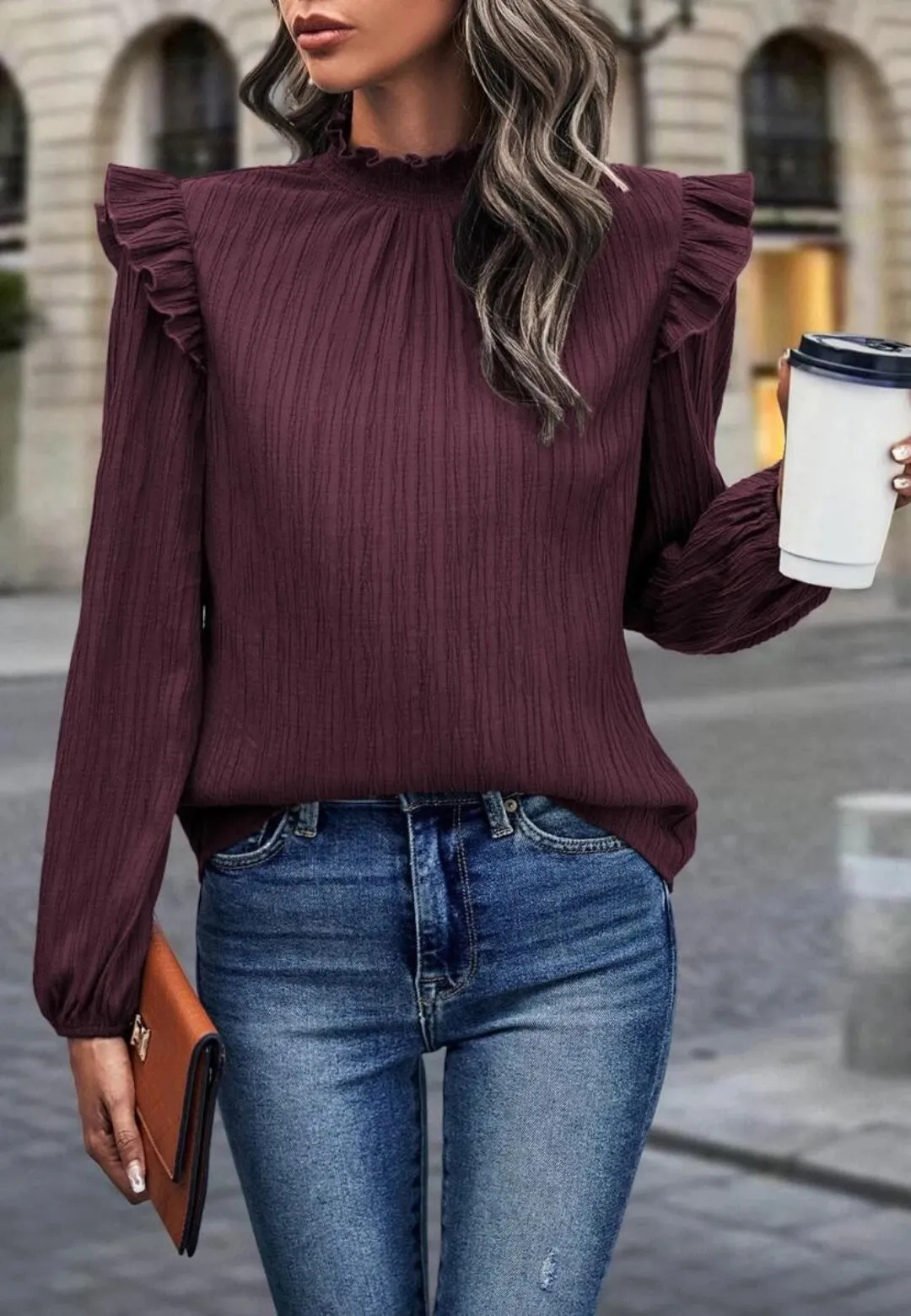 Ruffle Shoulder Textured Top sold by Anna-Kaci product image thumbnail 5