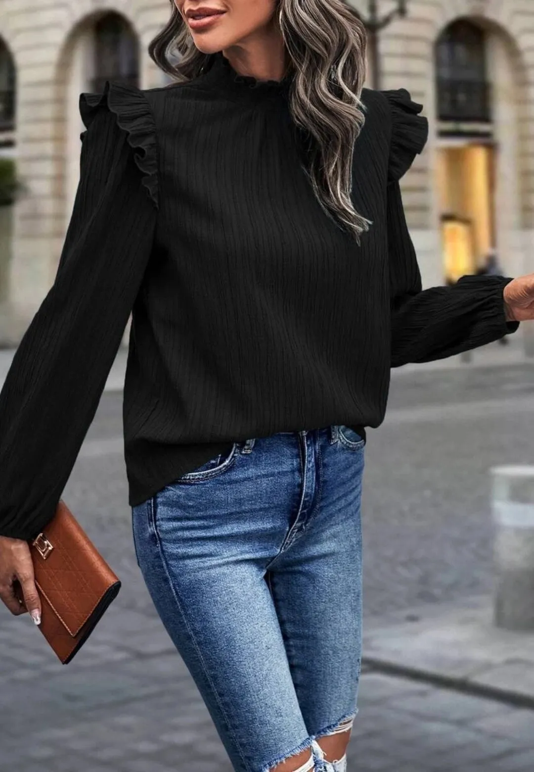 Ruffle Shoulder Textured Top sold by Anna-Kaci product image thumbnail 3