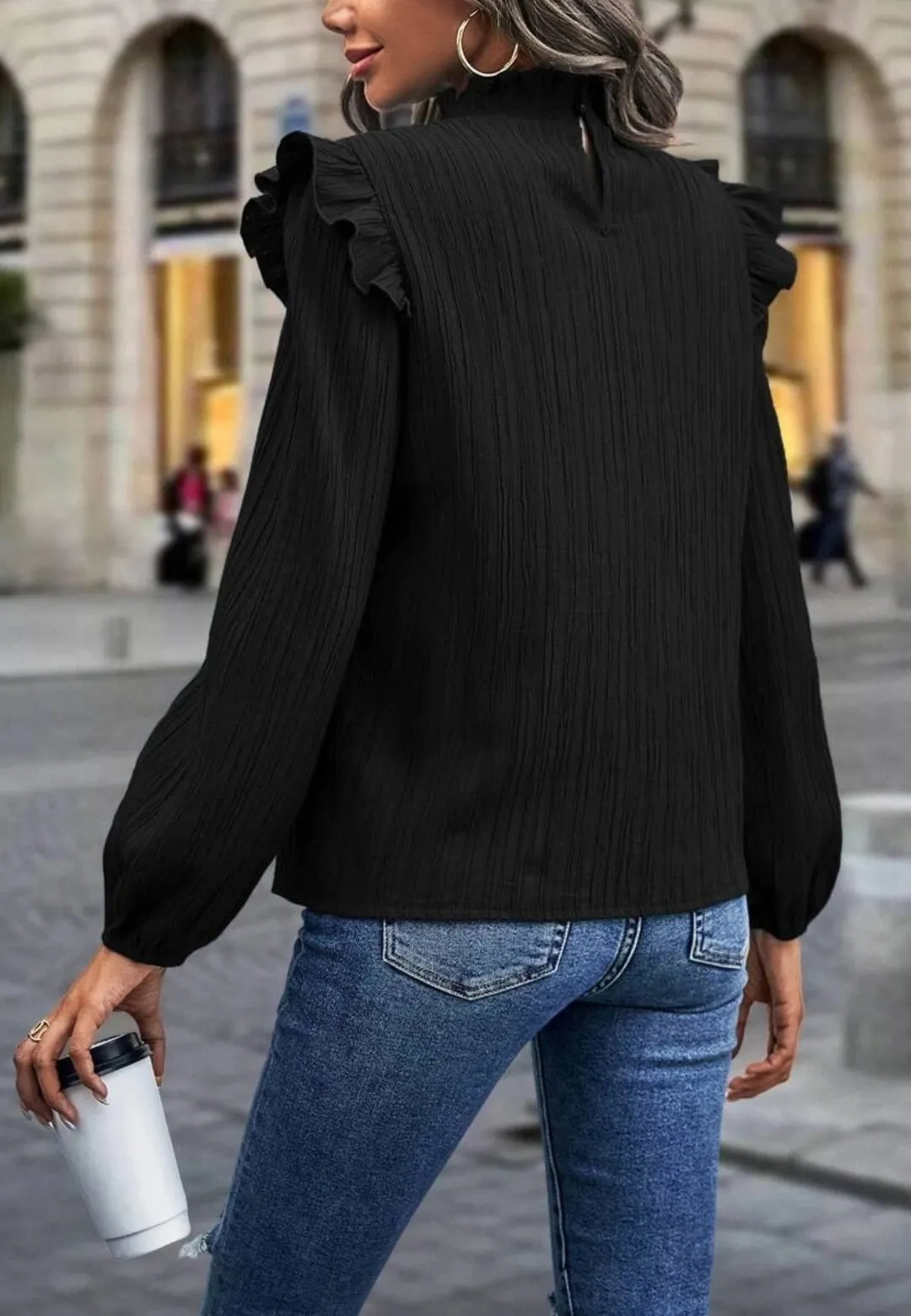 Ruffle Shoulder Textured Top sold by Anna-Kaci product image thumbnail 4