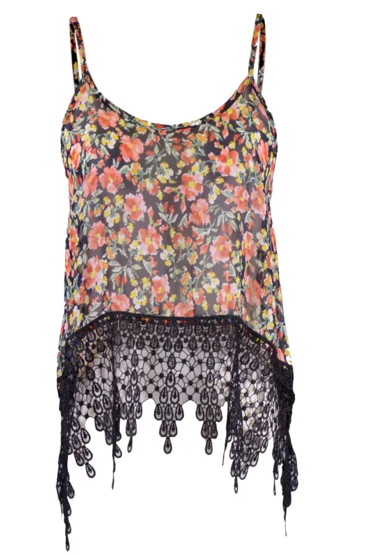 Audrey 3+1 Sweet Admire Garden Floral Chiffon Cropped Top Long Lace Trim sold by Anna-Kaci