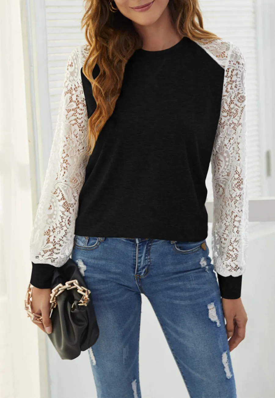 Contrast Lace Sleeve Sweater sold by Anna-Kaci