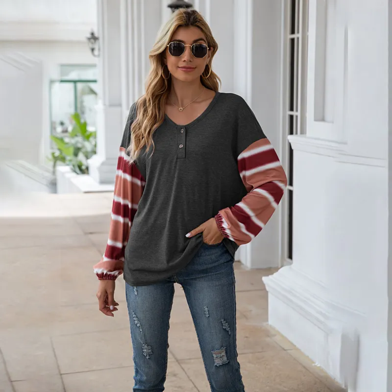 Henley Striped Long Sleeve Top sold by Anna-Kaci