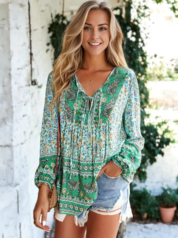 Double Tie Front Bohemian Blouse sold by Anna-Kaci