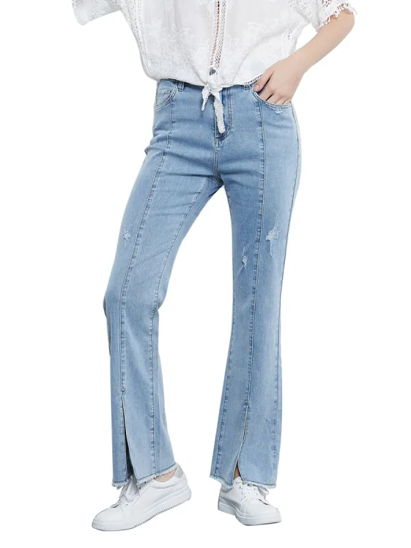 Mid Rise Slit Stretchy Straight Leg Jeans Pants with 5 Pockets sold by Anna-Kaci