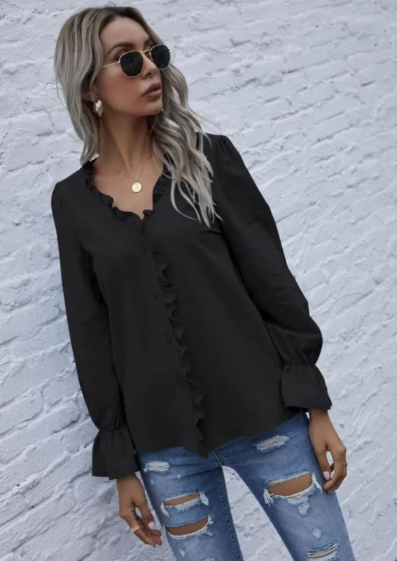 Ruffle Trim Button Down Blouse sold by Anna-Kaci