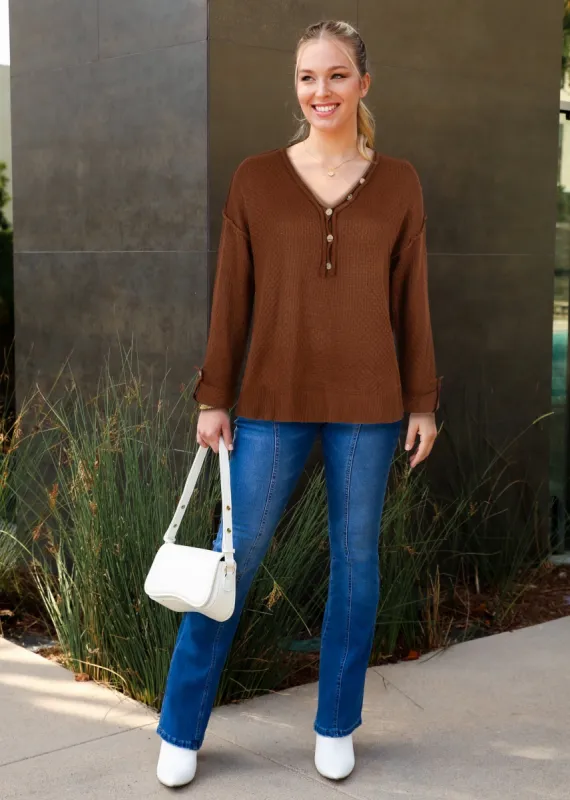 Contrast Button Detail Long Sleeve Textured Knit Sweater sold by Anna-Kaci