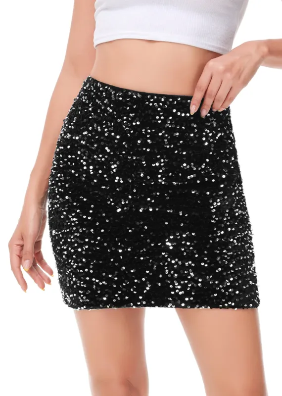 Anna-Kaci Womens Sparkly Sequin Skirt Mid Waist Glitter Party Club Velvet Skirts sold by Anna-Kaci