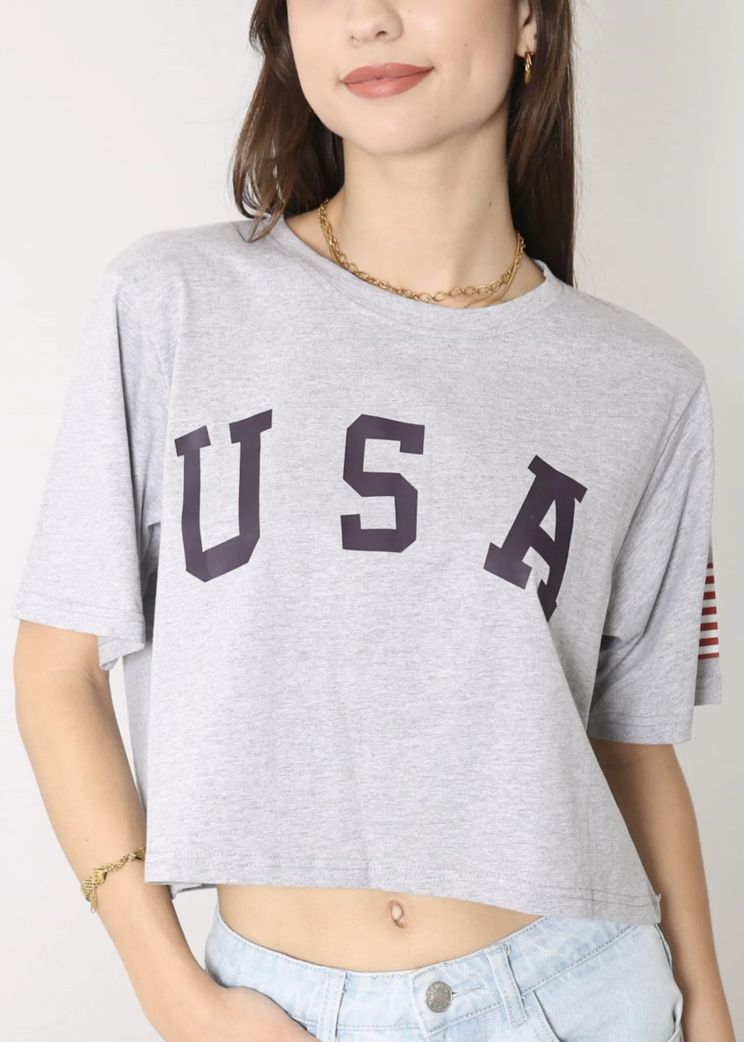 Anna-Kaci Women's Letter Print Crop Top Short Sleeve July 4th USA Flag T-Shirt sold by Anna-Kaci