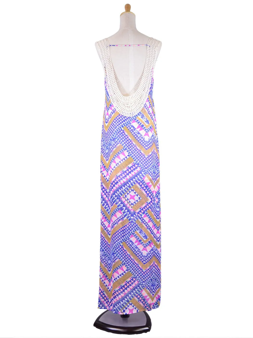 Lush Bright Colorful Whimsical Crochet U-Back Abstract Print Chiffon Maxi Dress sold by Anna-Kaci product image thumbnail 3