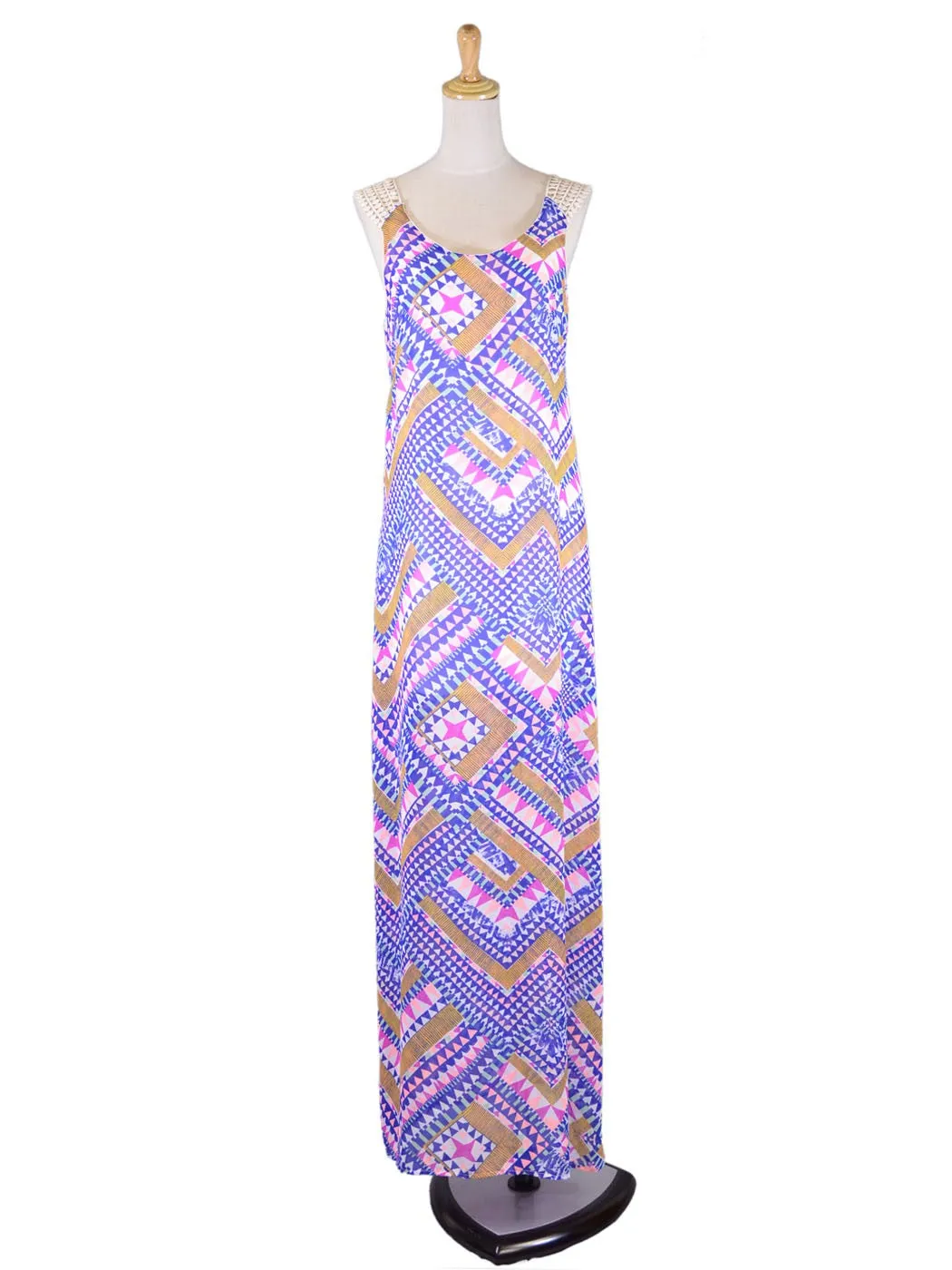 Lush Bright Colorful Whimsical Crochet U-Back Abstract Print Chiffon Maxi Dress sold by Anna-Kaci product image thumbnail 2