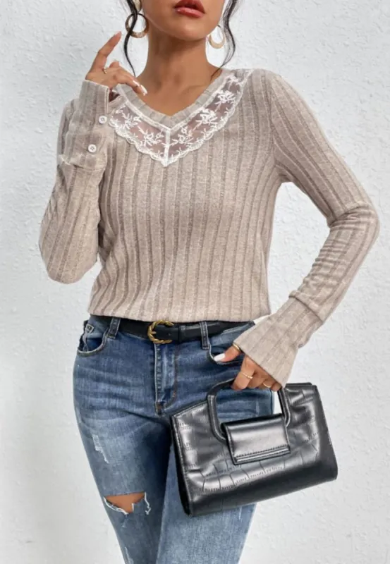 Lace Detail Button Cuff Sweater sold by Anna-Kaci