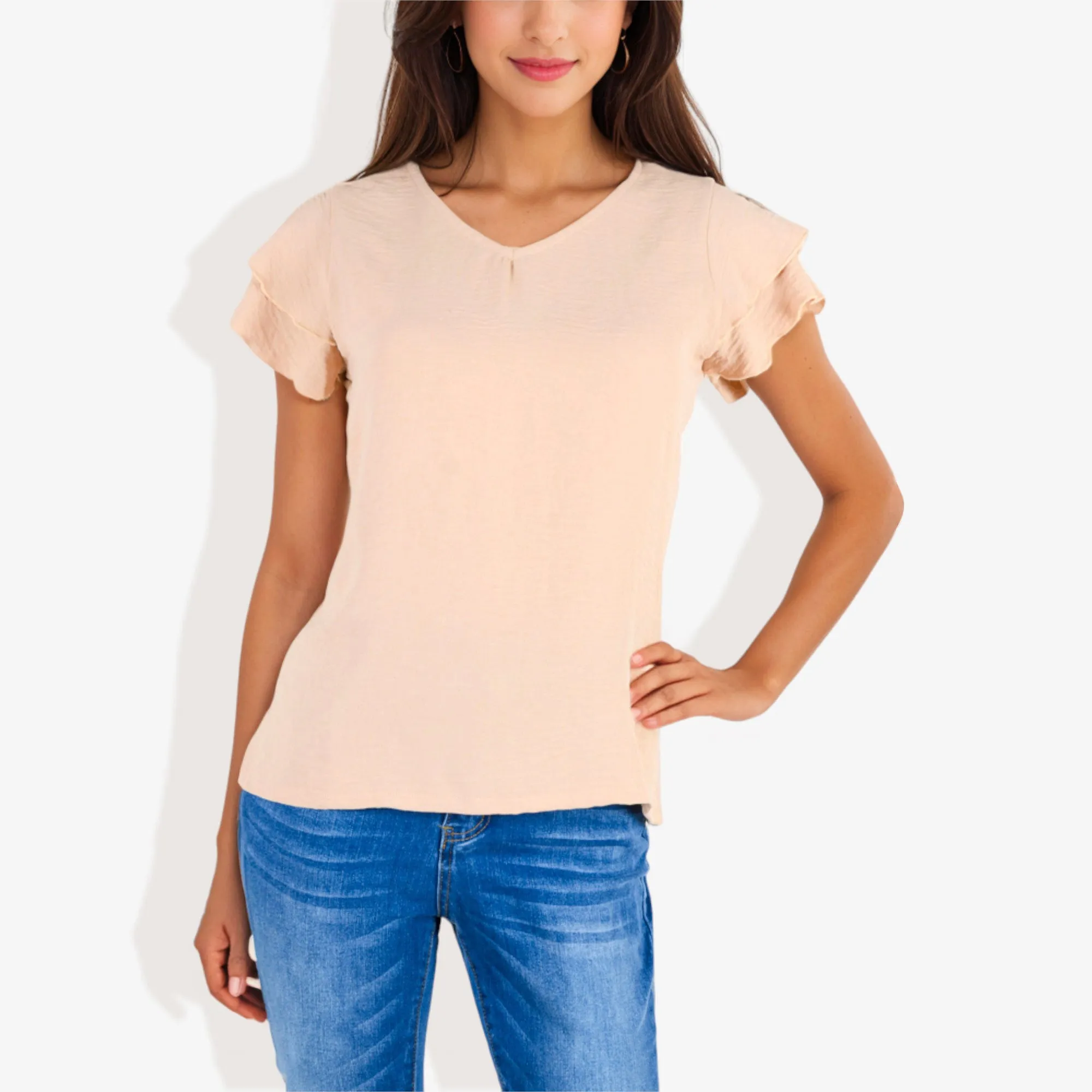 Women's Short Sleeve V-Neck Blouse with Double Layered Ruffle Sleeves sold by Anna-Kaci product image thumbnail 3