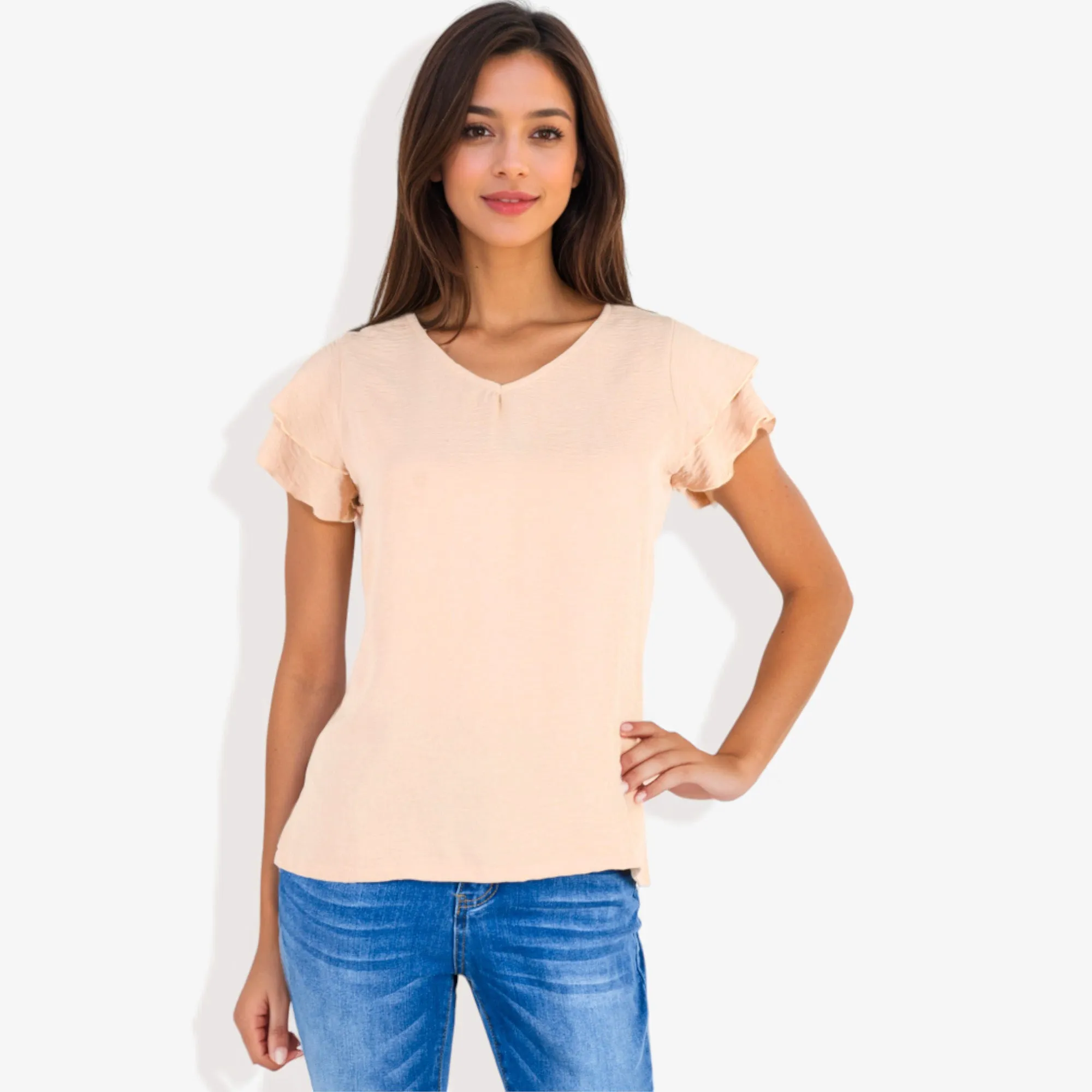 Women's Short Sleeve V-Neck Blouse with Double Layered Ruffle Sleeves sold by Anna-Kaci product image thumbnail 5