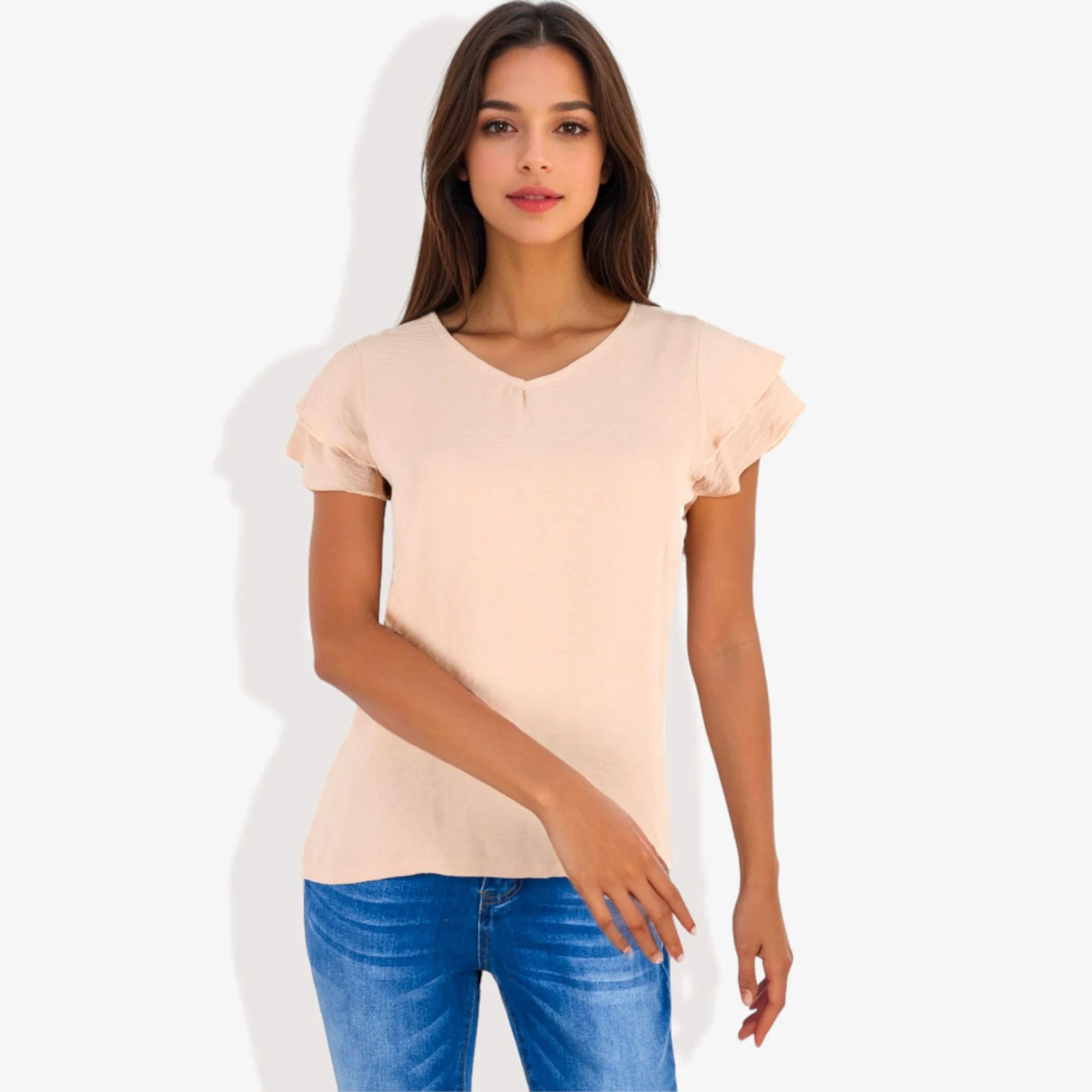 Women's Short Sleeve V-Neck Blouse with Double Layered Ruffle Sleeves sold by Anna-Kaci