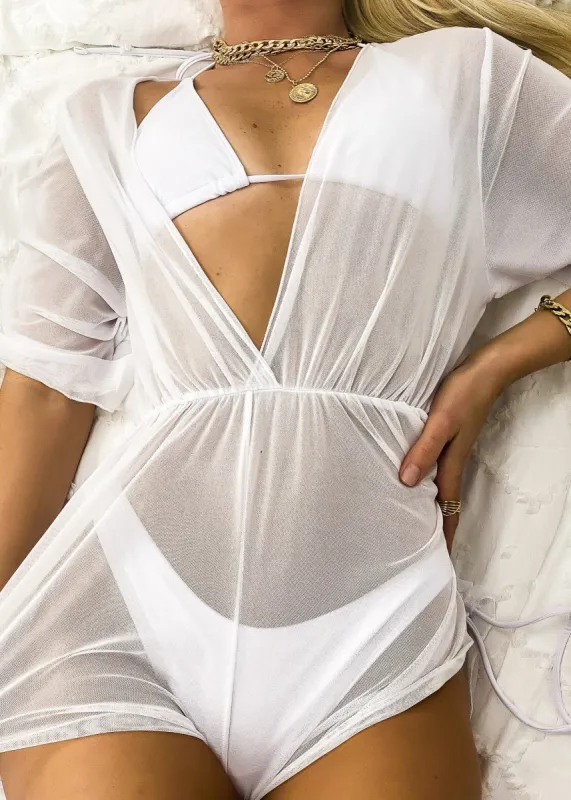 Halter Triangle String Bikini & Sheer Cover-Up Romper Three-Piece Set - White sold by Anna-Kaci