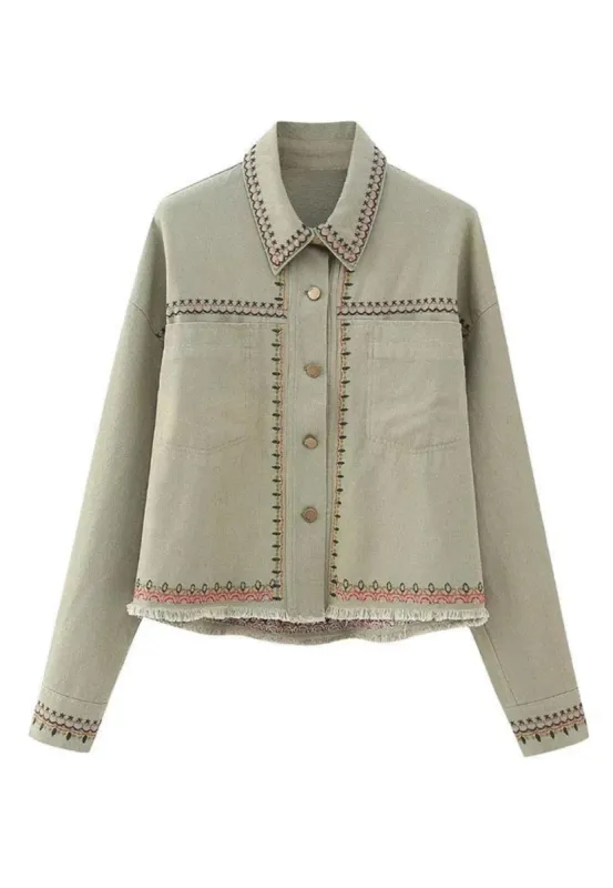 Embroidered Detail Button Front Shacket sold by Anna-Kaci