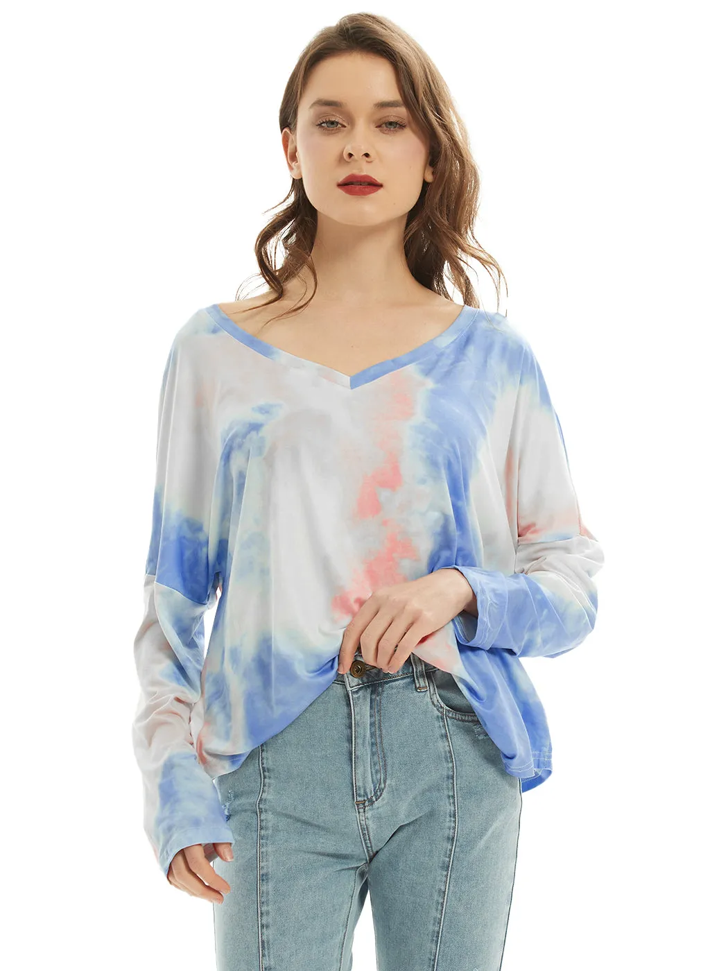Long Sleeve T Shirt V Neck Casual Basic Tee Tie Dye Tops sold by Anna-Kaci
