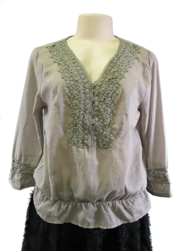 Pretty Women's Crochet Beaded Trim Taupe Peasant Top Gathered Waist Made in USA sold by Anna-Kaci