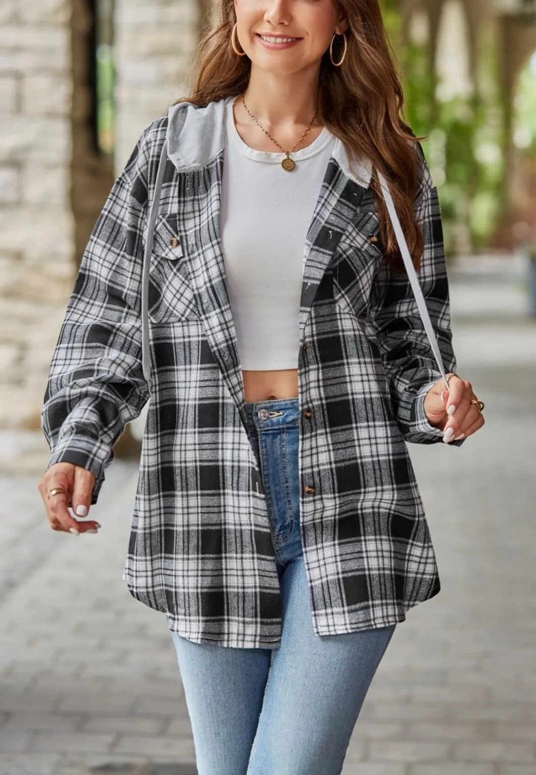 Plaid Print Hooded Shacket sold by Anna-Kaci product image thumbnail 2