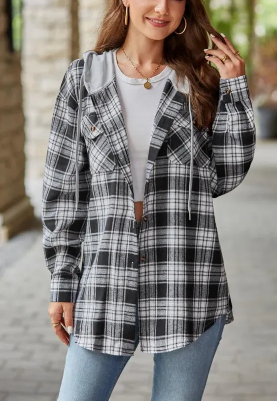 Plaid Print Hooded Shacket sold by Anna-Kaci