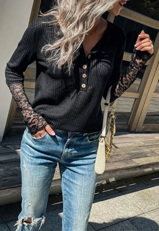 Lace Sleeve Henley Blouse sold by Anna-Kaci