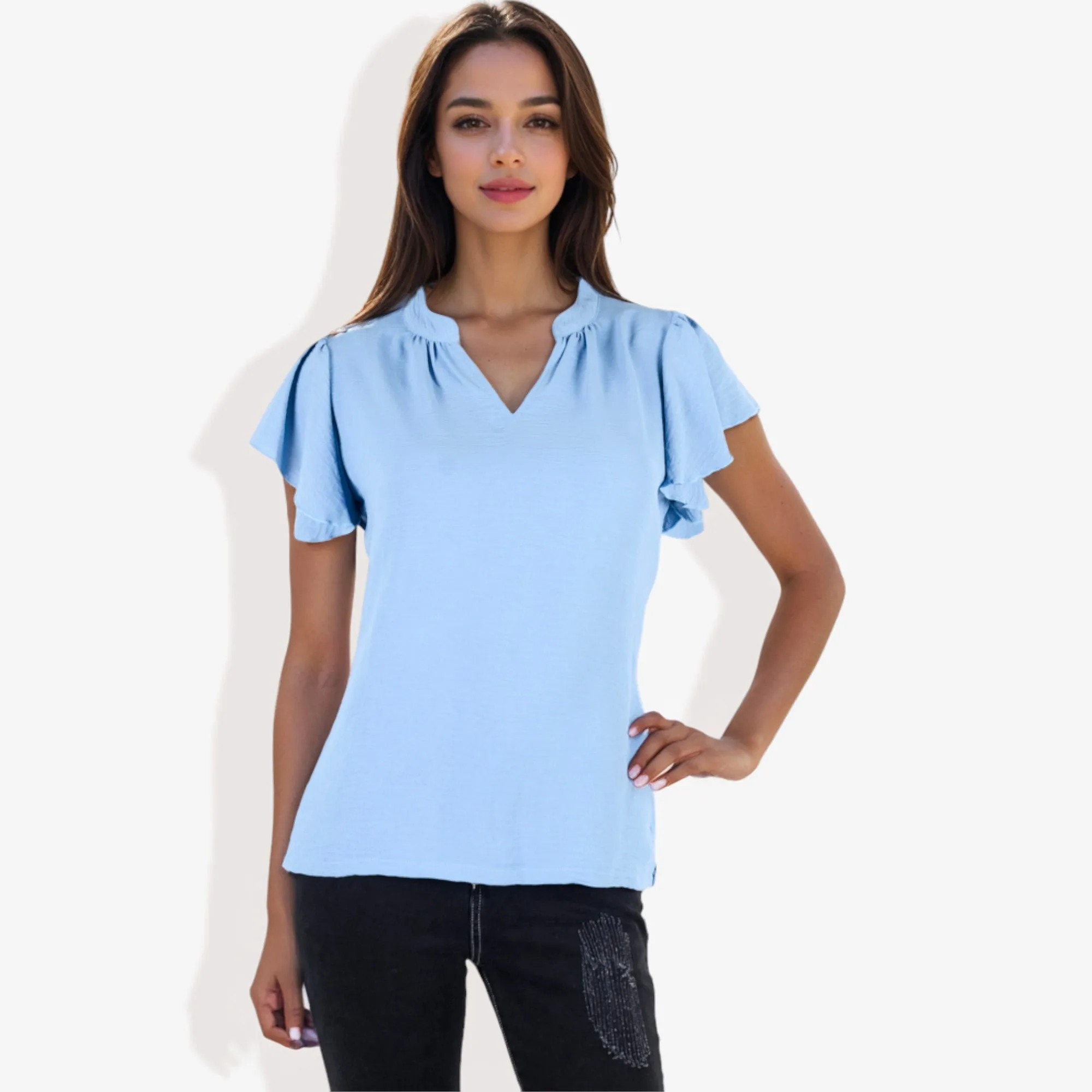 Women's Short Sleeve V-Neck Blouse with Ruffle Sleeves sold by Anna-Kaci product image thumbnail 5