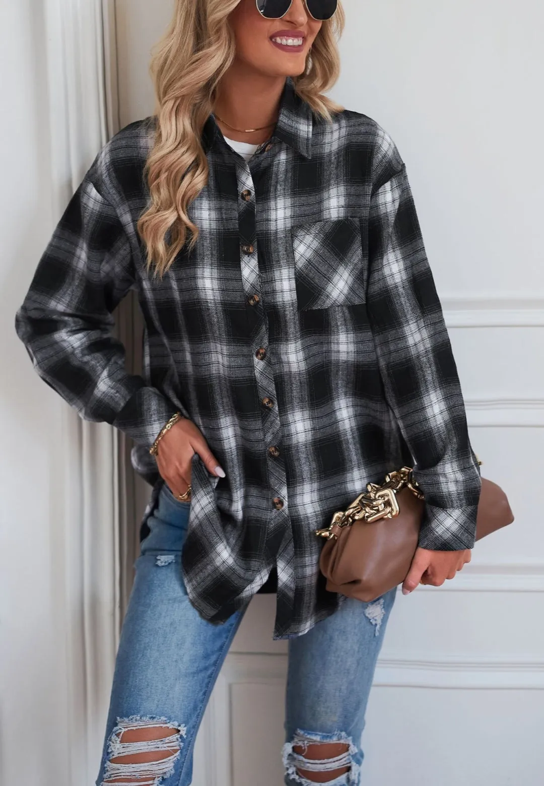 Plaid Print Button Front Shacket sold by Anna-Kaci product image thumbnail 3