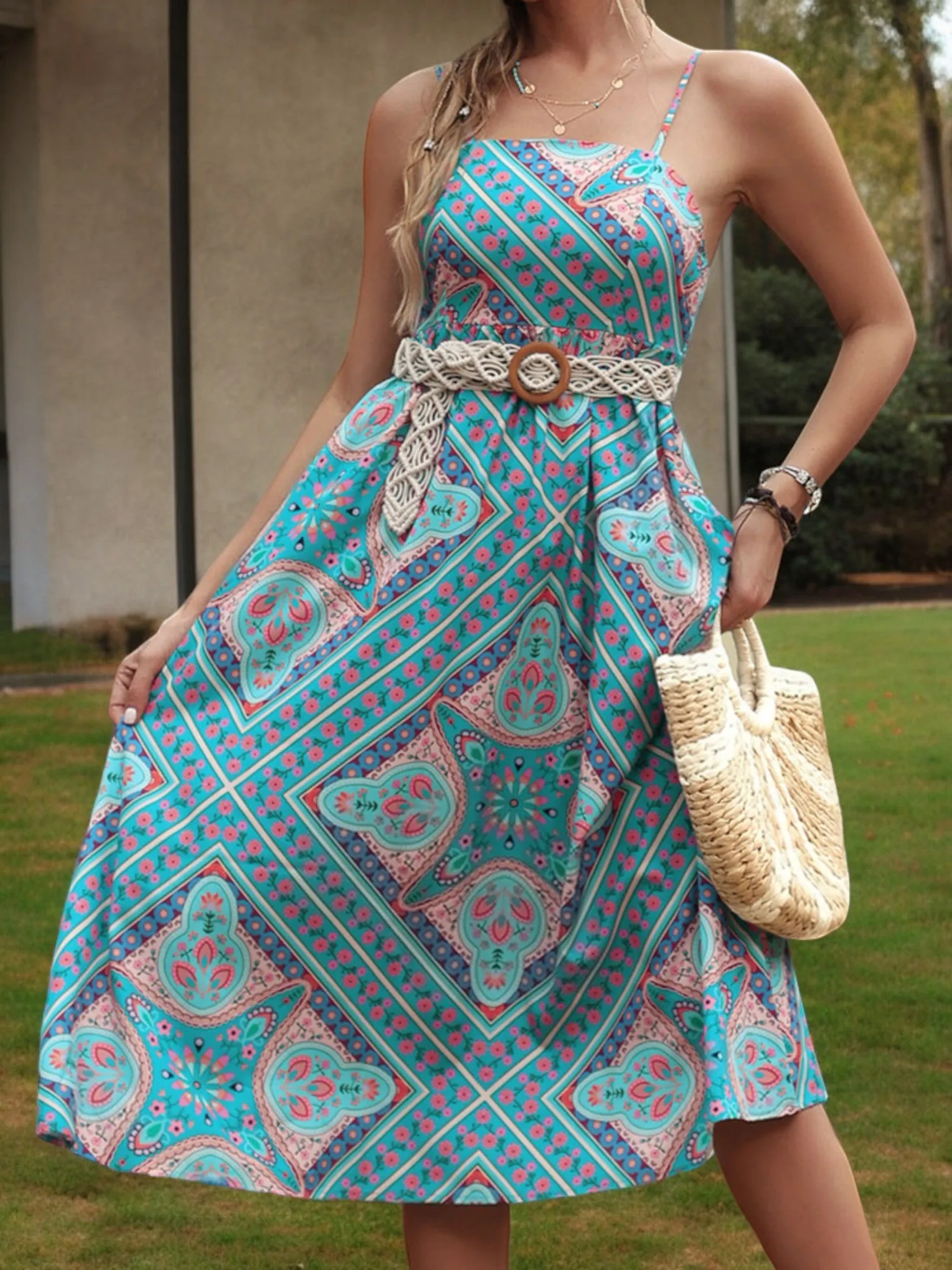 Spaghetti Strap Midi Dress with Geometric Print and Flowy Fit sold by Anna-Kaci product image thumbnail 2