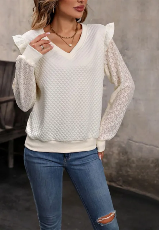 Puffed Textured Ruffle Shoulder Detail Lace Sleeve Pullover sold by Anna-Kaci