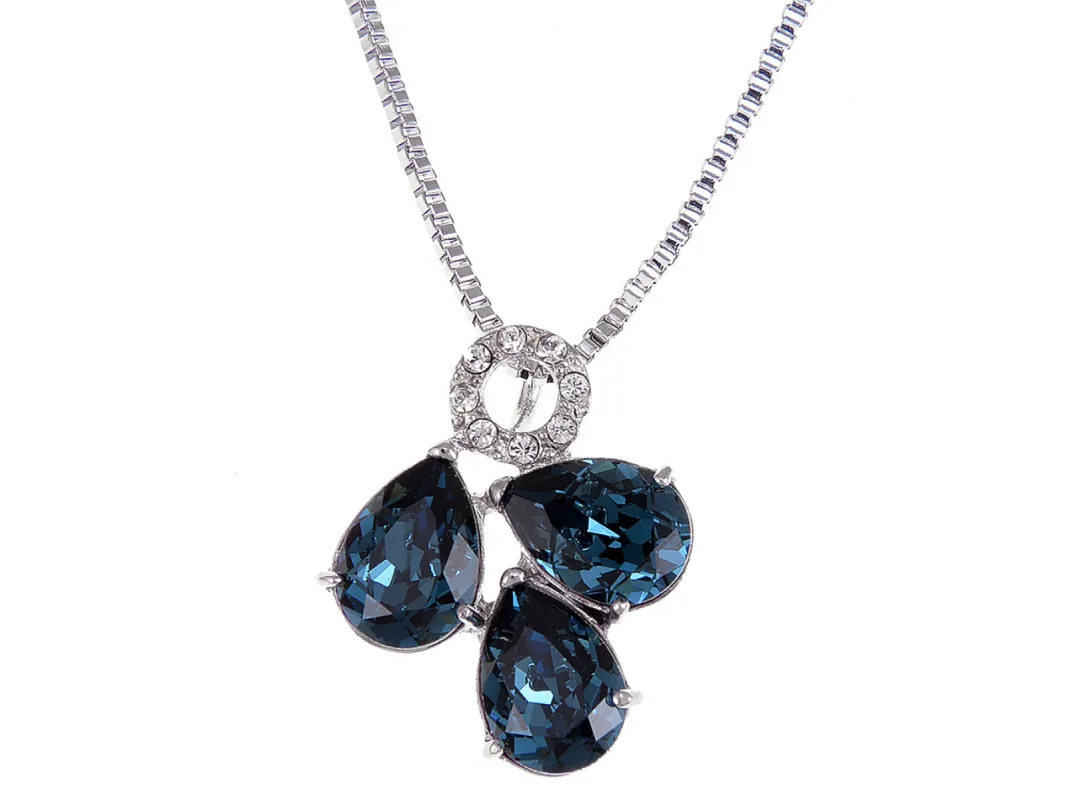 Swarovski Crystal Element Sapphire Teardrop Trio Cluster Pendant Necklace sold by Anna-Kaci