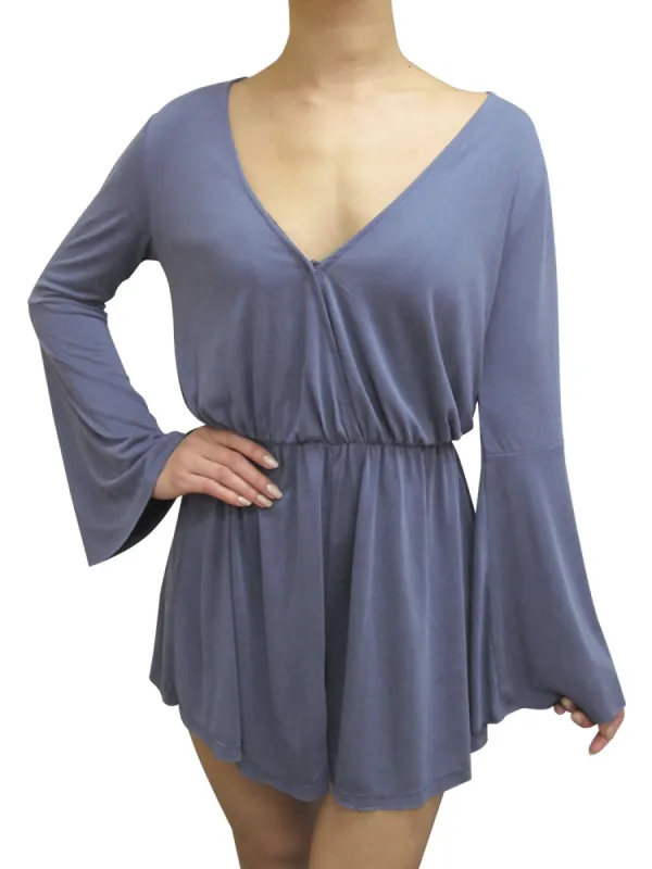 Womens Casual Stretch Long-Sleeve Plunging Deep V-Neck Romper Playsuit sold by Anna-Kaci