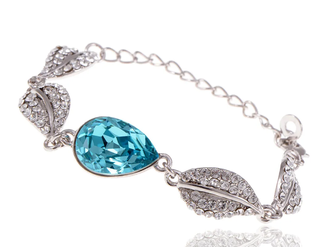 Swarovski Crystal Elements Aquamarine Blue Teardrop Leaves Link Bracelet made by Anna-Kaci