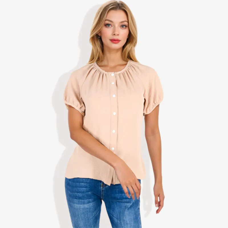 Women's Short Sleeve Button-Down V-Neck Casual Blouse sold by Anna-Kaci