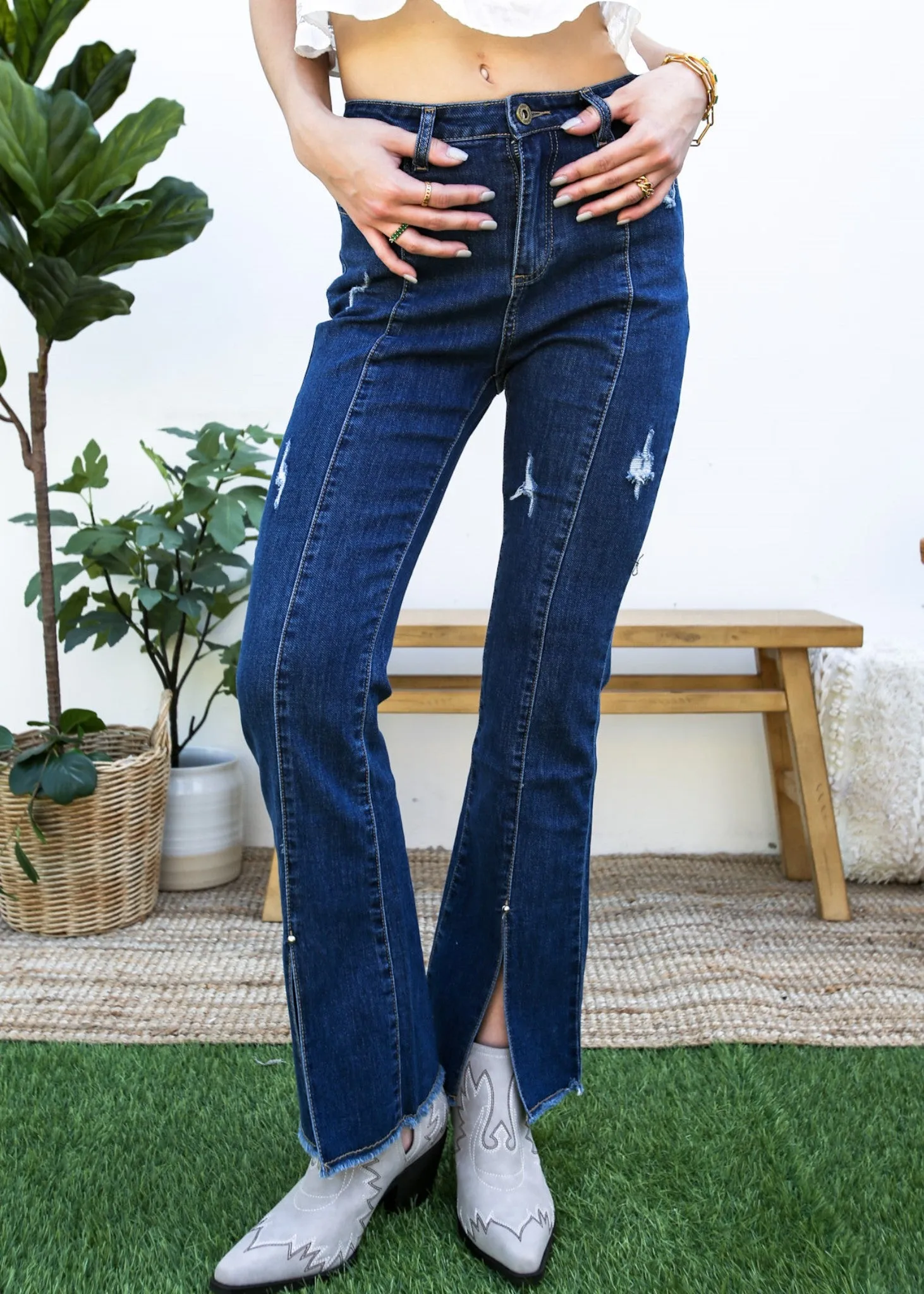 High Waist Distressed Slit Denim Jeans Long Pants with Pockets sold by Anna-Kaci