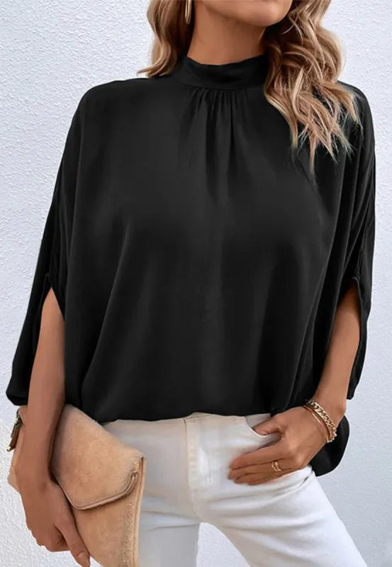 Pleated Mock Neck Batwing Blouse sold by Anna-Kaci