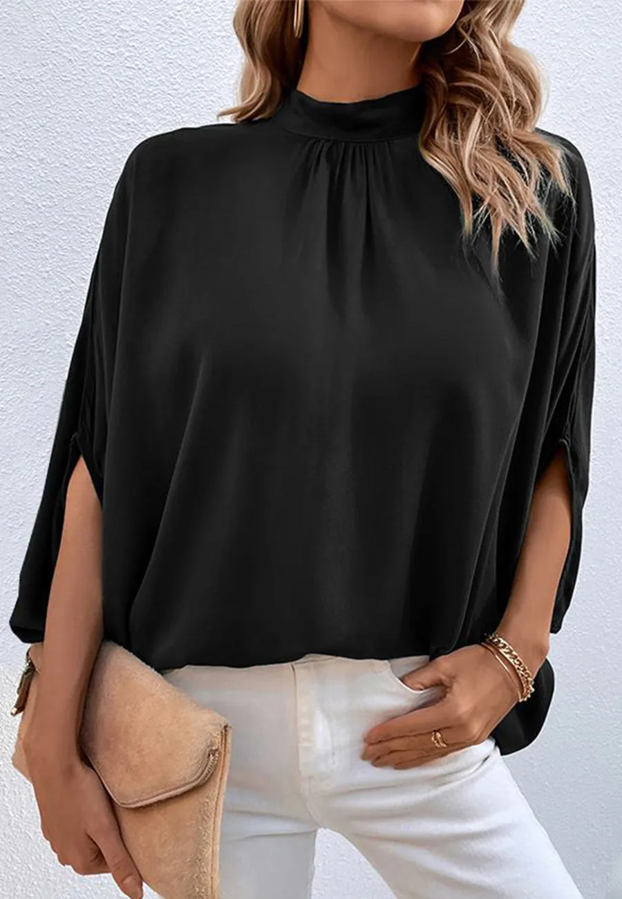 Pleated Mock Neck Batwing Blouse sold by Anna-Kaci