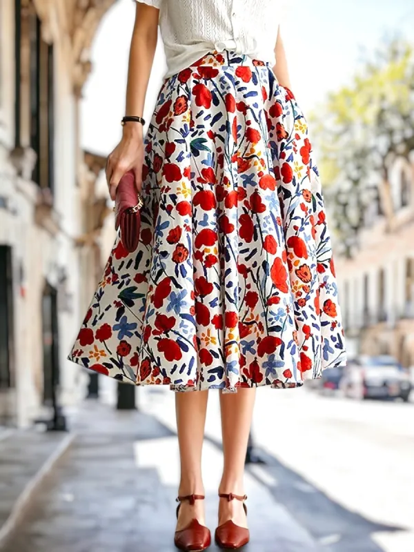 Floral Printed High Waist Large Hem Umbrella Skirt sold by Anna-Kaci