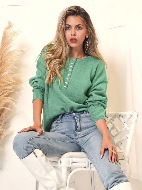 Knitted Henley Button Long Sleeve sold by Anna-Kaci