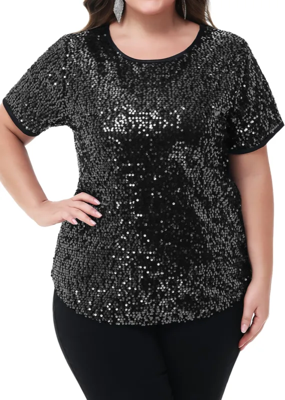 Anna-Kaci Womens Sequin Tops Plus Size Round Neck Sparkle Glitter Short Sleeve Party Tunic Blouse sold by Anna-Kaci
