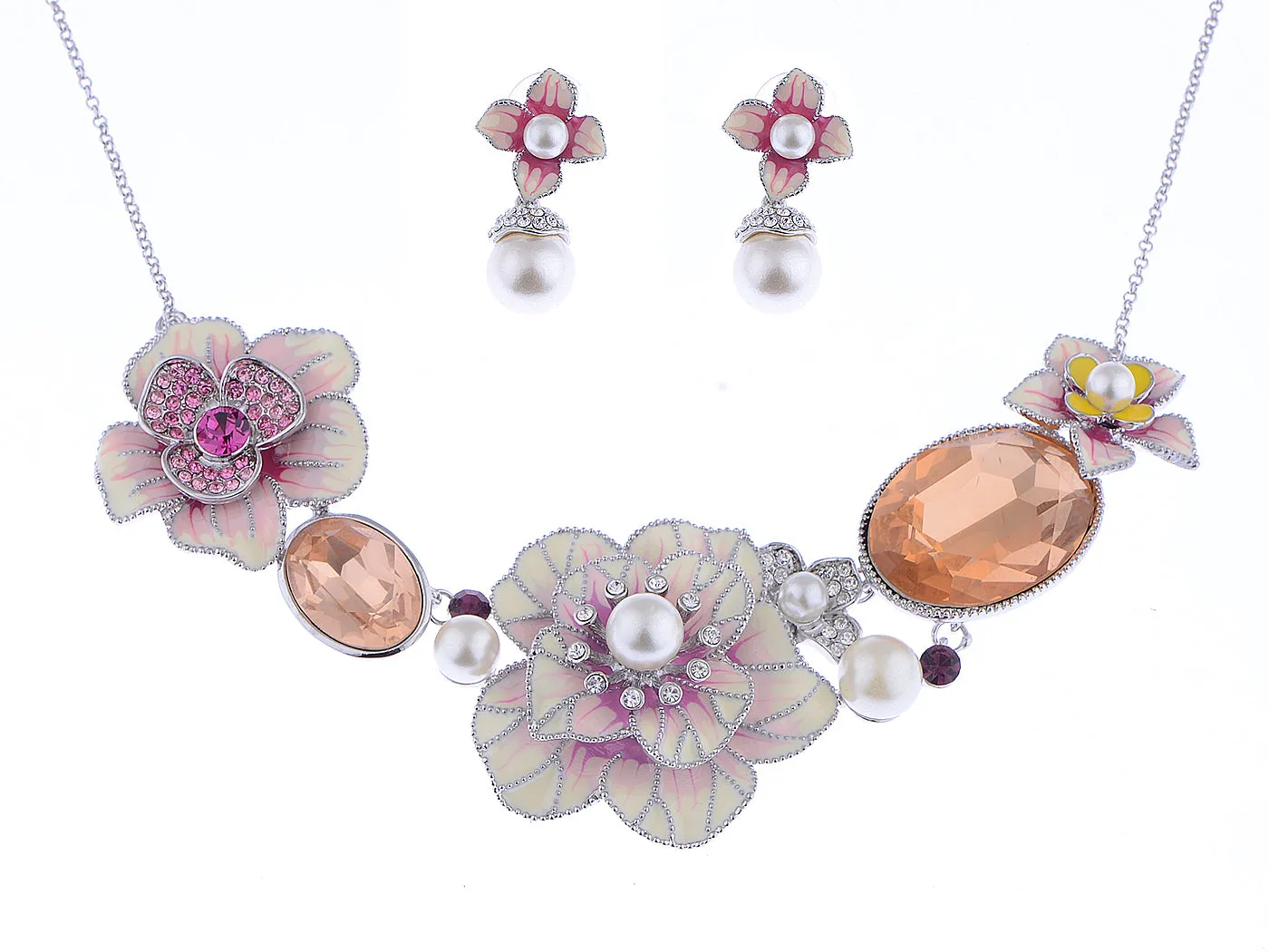 Swarovski Crystal Pearl Topaz Element Enamel Hibiscus Earring Necklace Set sold by Anna-Kaci