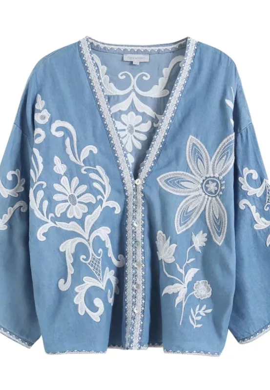 Plunge Neck Floral Embroidery Blouse sold by Anna-Kaci
